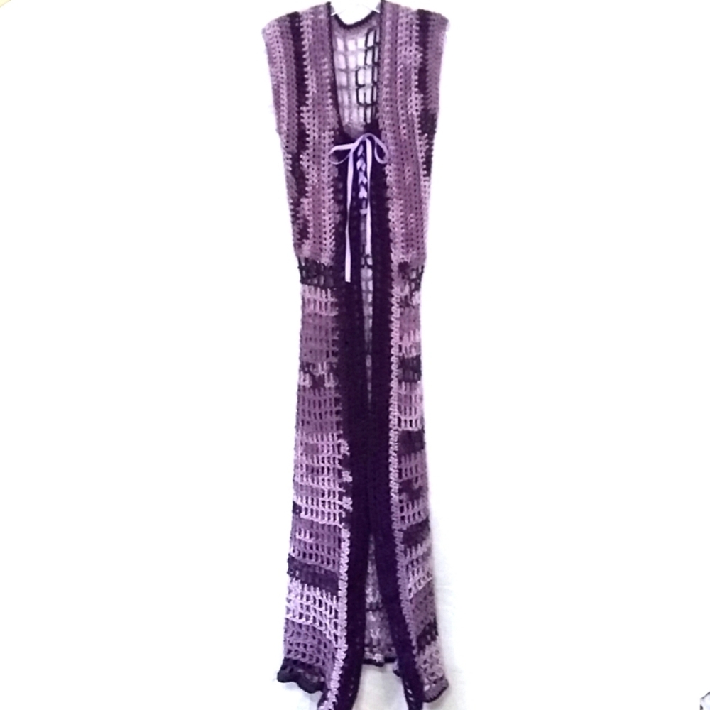 Handknit Handmade Purple Granny Afghan Boho Long Sweater Vest